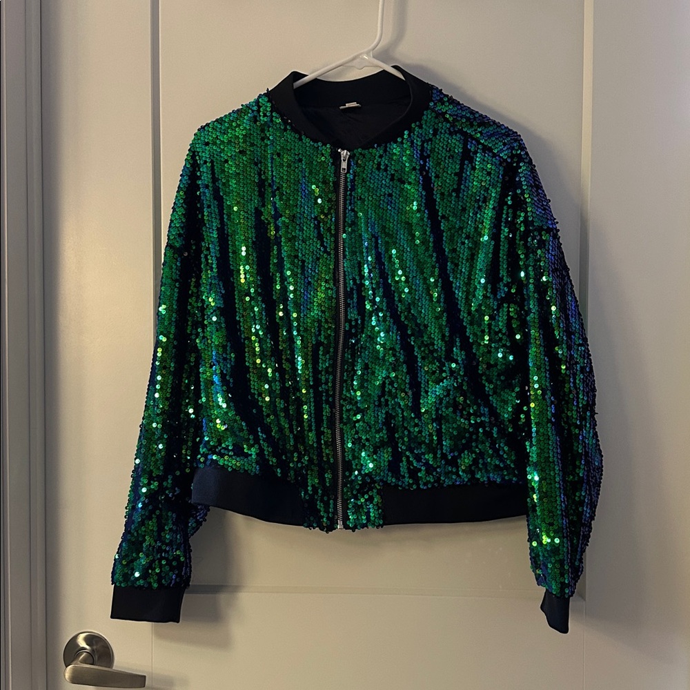 Green Sequin Bomber Jacket